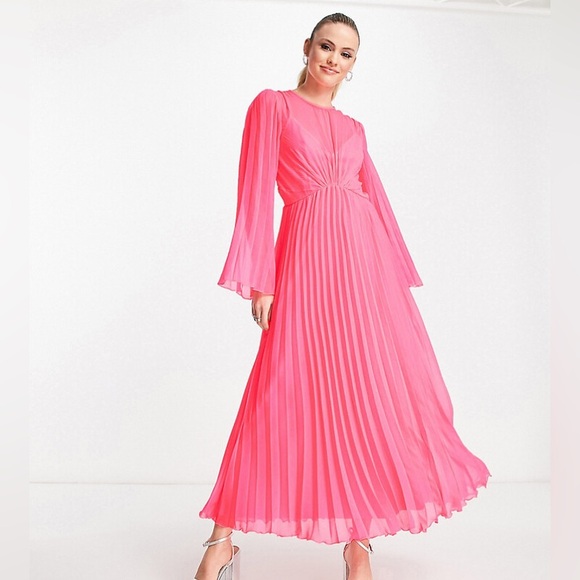 ASOS Dresses & Skirts - ASOS DESIGN tie back fluted sleeve pleated midi dress in fluro pink NWT